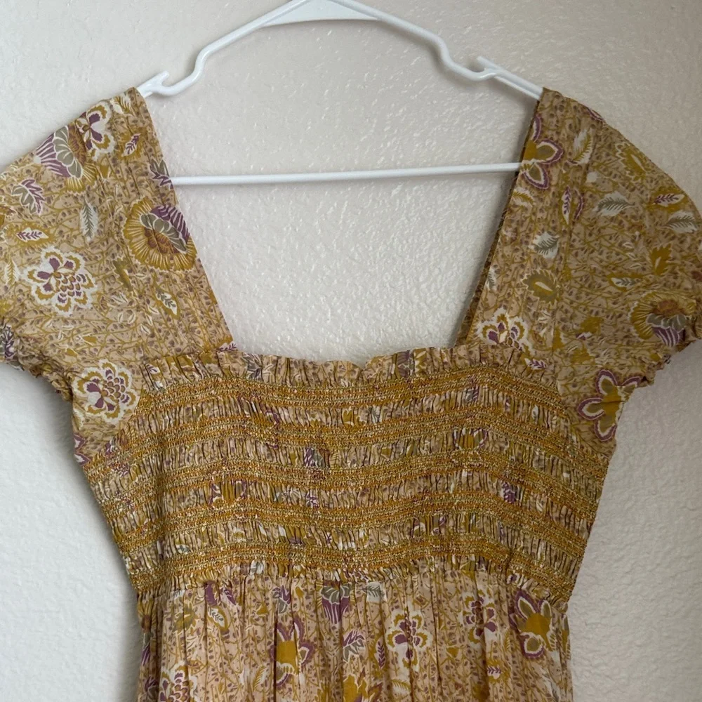 Free People getaway babydoll ruched Mustard tiered Floral Maxi Dress S